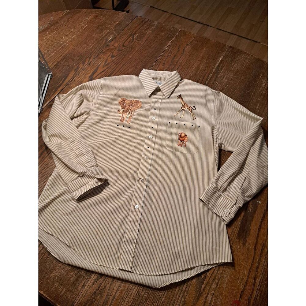 Vintage Get Lucky Safari Animal Embroidered Blouse Large Tan White Shoulder Pads